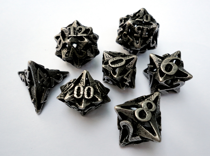 Pinwheel Dice Set with Decader 3d printed In stainless steel and inked.