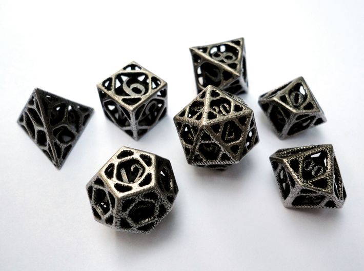 Cage Dice Set with Decader 3d printed In stainless steel and inked.