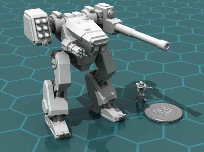 Terran Combat Walker, 15mm scale. 3d printed Render of the model, with a virtual quarter and 15mm soldier for scale.