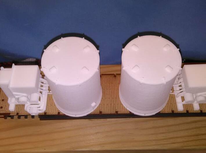 HO 1/87 Titan Rocket container &amp; A/C unit x2 3d printed A top-down view of the unpainted units on an SP flatcar.