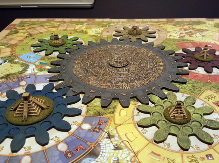 Mayan Pyramids and Calendar center (6 pcs) 3d printed White Strong Flexible, hand-painted. Photo courtesy of user JesseW (on BGG). Game cogs & board copyright Czech Games / Iello.