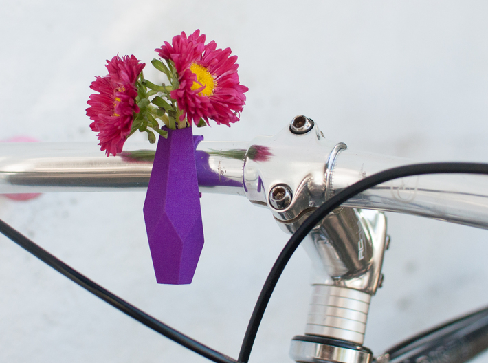 Geometric Bike Planter 3d printed Printed in Purple Strong and Flexible Polished shown with red Japanese Asters.