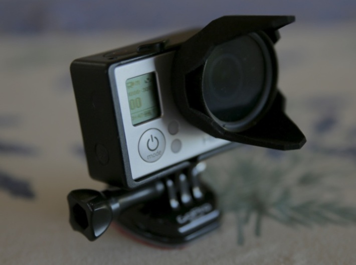 Sun hood and 37mm filter holder for GoPro 3d printed HERO3 Sunhood with 37mm filter in place