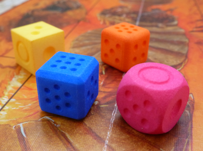 Variable pip die - roll your own dice 3d printed Yellow, blue orange and pink dice