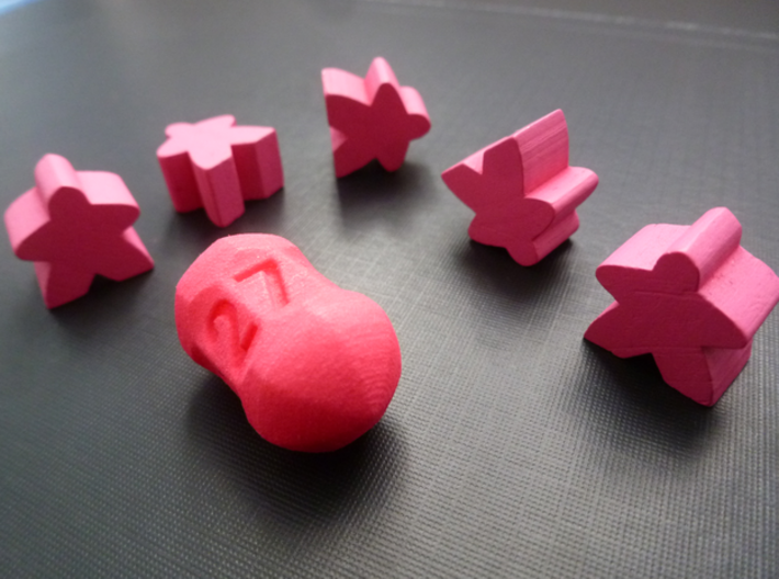 Seven sided roller die 3d printed Pink meeple tumbler troupe not included.