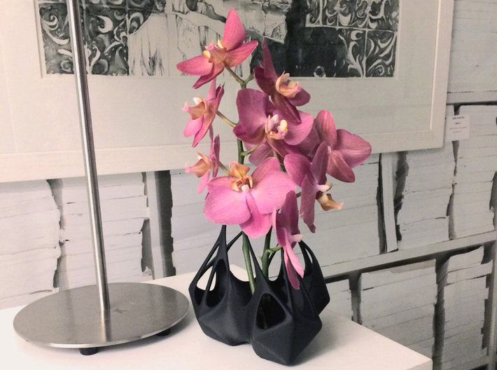 Emergent Vase 3d printed Context image with the vase filled with Orchids