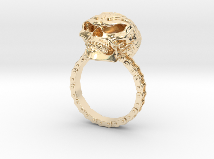 Women's Flaming Skull Ring With Roller Chain 3d printed