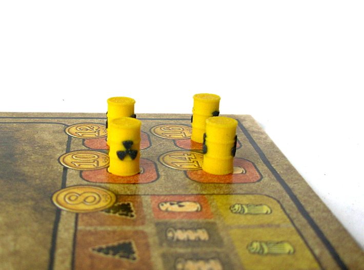 Power Grid Yellow Uranium Barrels, Set of 12 3d printed A closer shot of the barrels on game board
