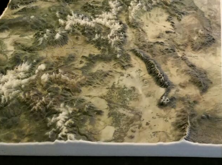 Colorado Fourteeners with holes, 12'' 3d printed Photograph of actual model, showing San Juans, San Luis Valley, and Sangre De Cristo Mountains