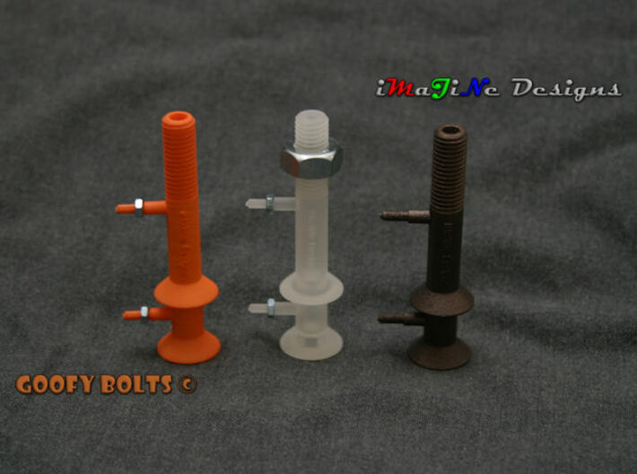 Goofy Bolt-01-Jan-2016 Cutaway 3d printed Prototypes shown with actual nuts attached to them.  Due to the 3D printing process, the Matte Bronze Steel requires post processing by the customer to allow nuts to engage the threads.