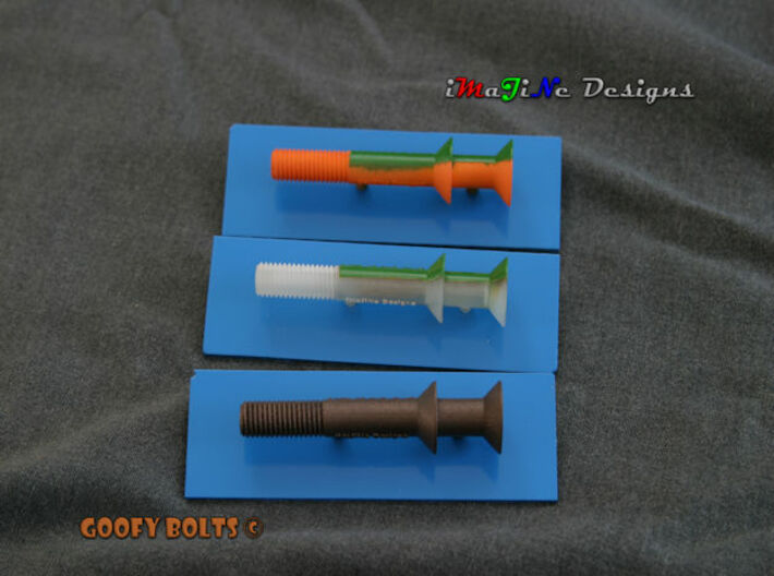Goofy Bolt-01-Jan-2016 Cutaway 3d printed Prototypes mounted to 2mm [0.078"] thick blue painted Plexiglas.  Plastic prototypes have been painted green on one 

side.