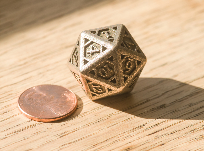 Icosahedron D20 3d printed Size of the die compared to a standard penny.
