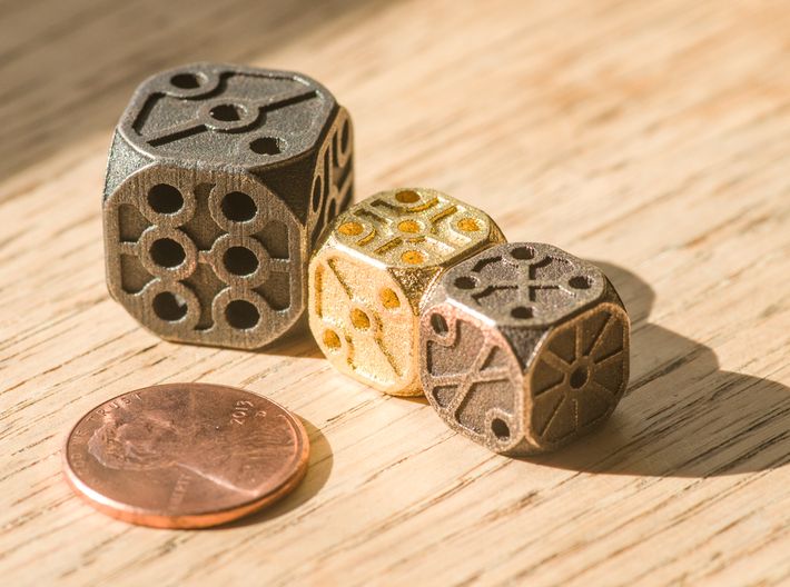 Rustic Die - Large 3d printed Size comparison against a penny and small dice. This item is the LARGER die pictured.
