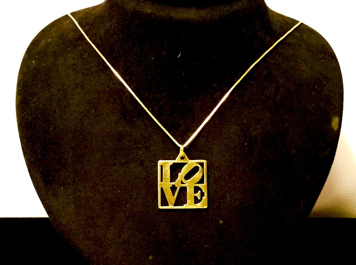 LOVE Pendant ROBERT INDIANA (Thinner Version) 3d printed Polished Brass Pendant with Gold Plated Silver Chain