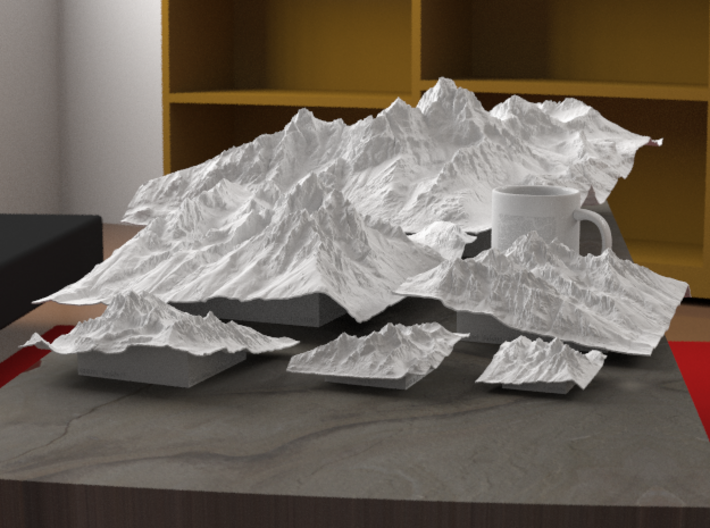 4'' Grand Tetons Terrain Model, Wyoming, USA 3d printed Rendering of all available sizes: 3", 4", 6", 8", 12", 20"