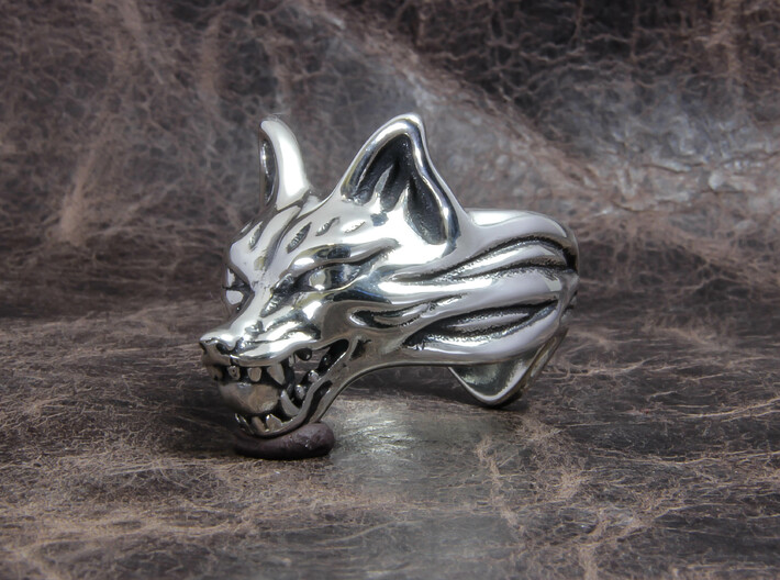 Fox (Oinari san) &quot;orb&quot; Ring 3d printed This material is Polished Silver , Patinated with bleach