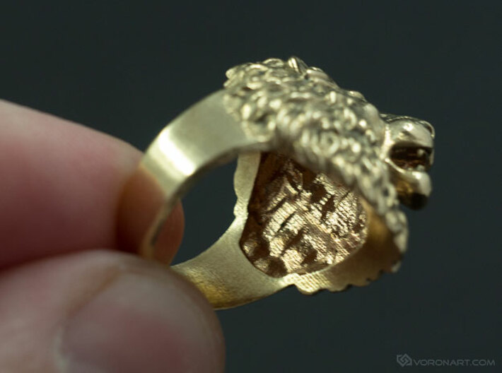 Aggressive Lion Ring 3d printed Natural brass, slightly polished by hand using rotary tool