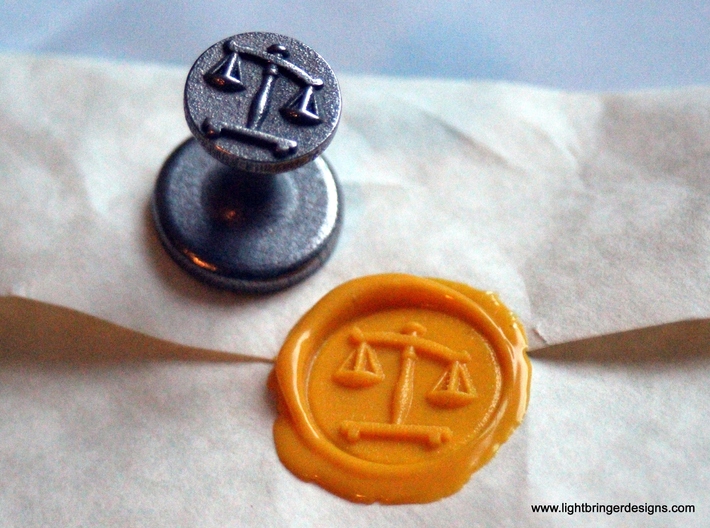 Scales of Justice Seal 3d printed Scales of Justice Wax Seal in Stainless steel with impression in Sunflower Yellow sealing wax
