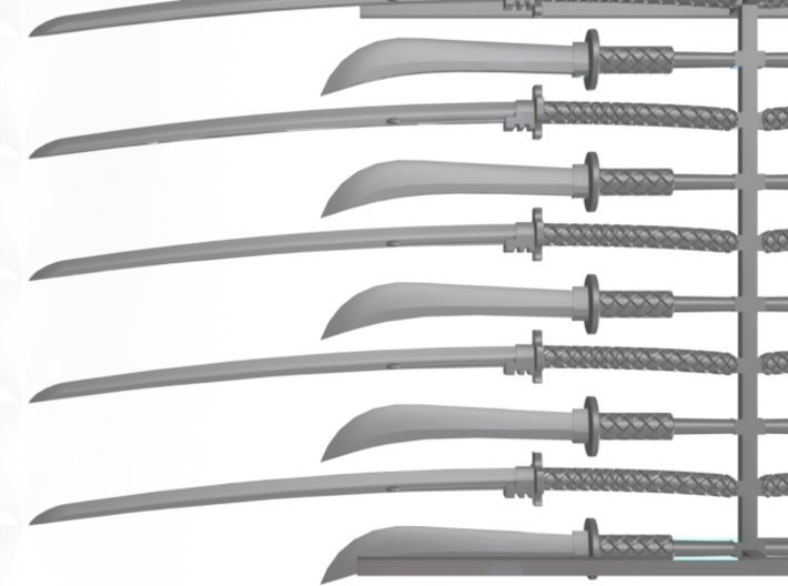 10 nodachi and naginata blades for 28mm miniatures 3d printed Close up of the components