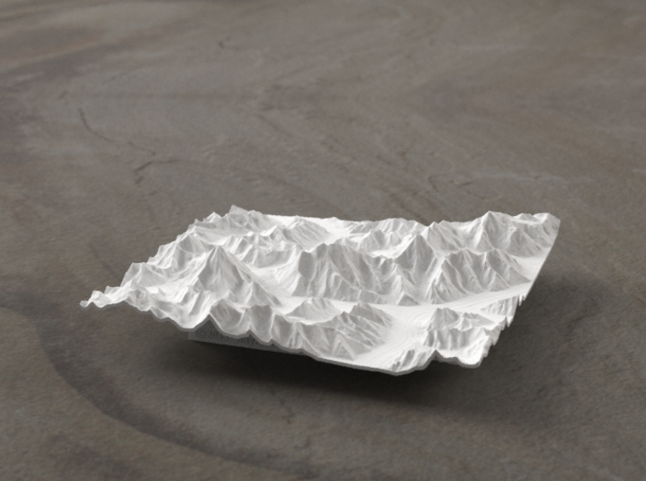 4''/10cm Baltoro Glacier and K2, WSF 3d printed Radiance rendering from the West, looking up the Baltoro to Gasherbrum IV