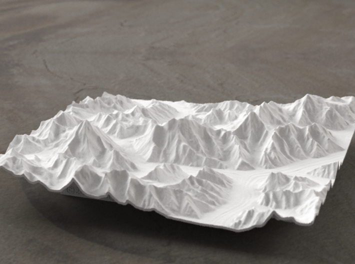 6''/15cm Baltoro Glacier and K2, WSF 3d printed Radiance rendering from the West, looking up the Baltoro to Gasherbrum IV