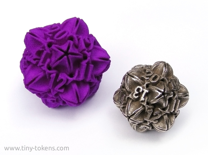 Floral 2 - D20 Spindown Life Counter 3d printed An example of the size difference between the plastic and metal version. 