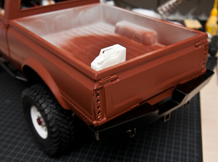 NATO 20L Jerry Can 1/10 Scale 3d printed White Strong Flexible printed version in bed of RC truck.