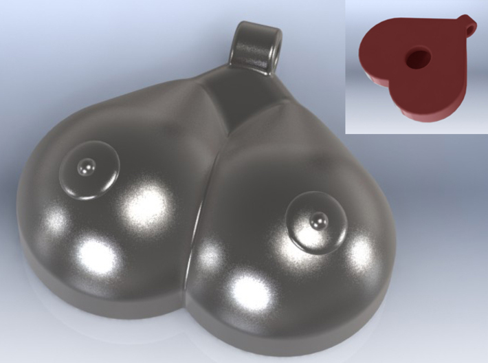 Breasts-shaped hollow keychain/pendant/aromapendan 3d printed 3D render stainless steel (front) red plastic (back)