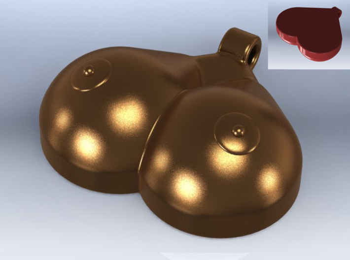 Breasts-shaped keychain/pendant 3d printed 3D render bronze (front) red plastic (back)