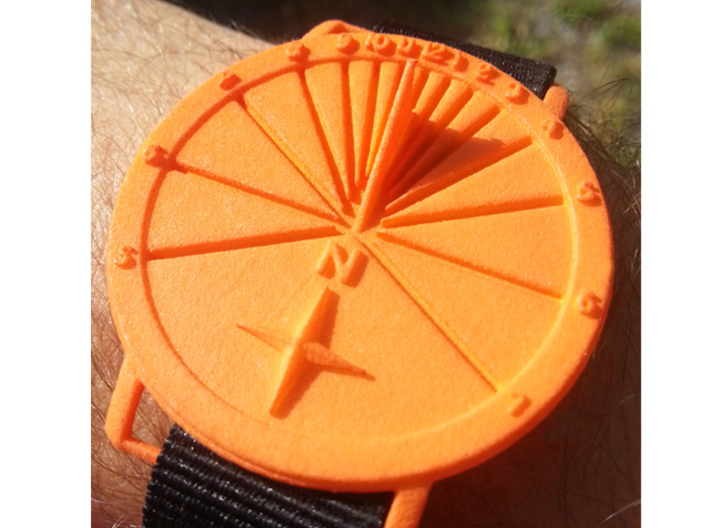 27.75N Sundial Wristwatch With Compass Rose 3d printed Orange Strong &amp; Flexible Nylon At 4PM