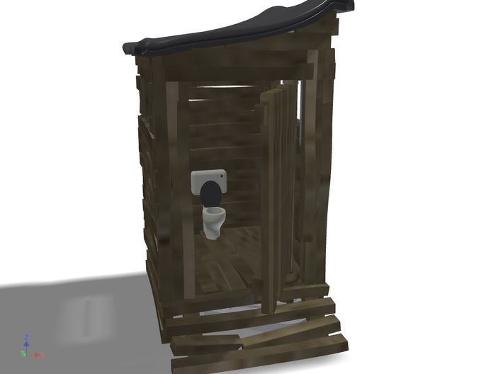 Scrap-lumber Ramshackle Outhouse, N-Scale (1:160) 3d printed 3D render, suggested paint scheme: Wood walls, white commode.