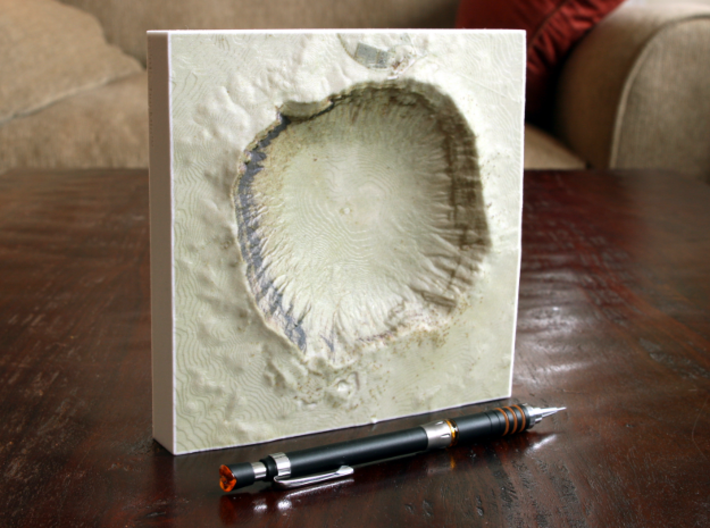 6'' Meteor Crater, Arizona, USA, Sandstone 3d printed Photograph of Meteor Crater, North is up; dark spot at top is the parking lot