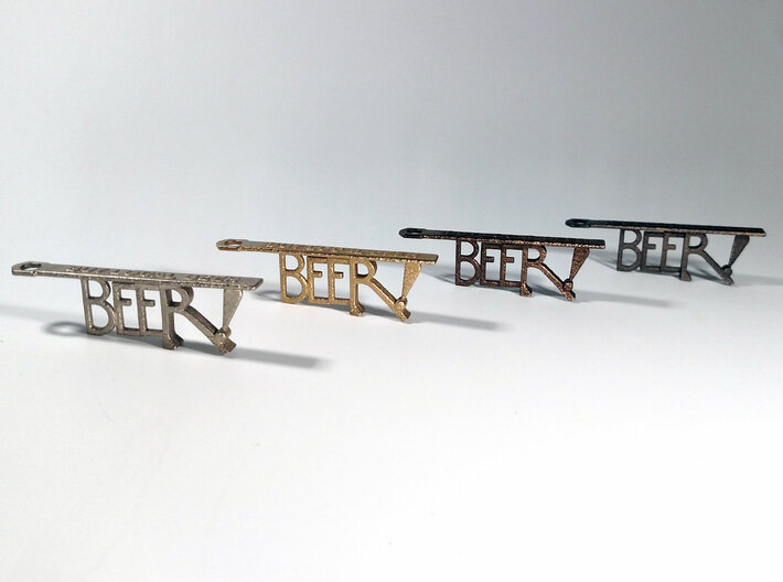 BIRRA Bottle Opener Keychain 3d printed Left to Right: Nickel, Stainless (comes out golden), Polished Bronze, Polished Gray