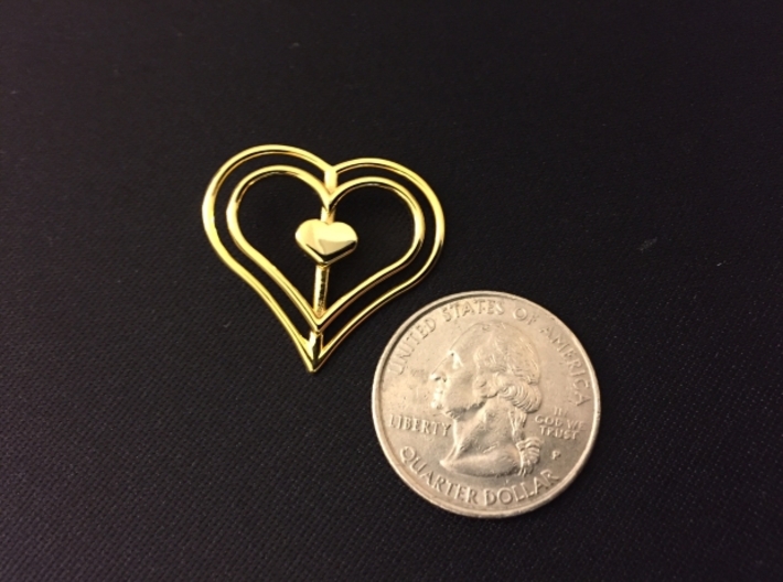 Three Heart Pendant 3d printed 14k Gold Plated with quarter for regerence