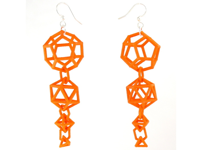 Platonic Progression Earrings - Clean 3d printed Earrings printed in Orange Strong and Flexible, with earwires added