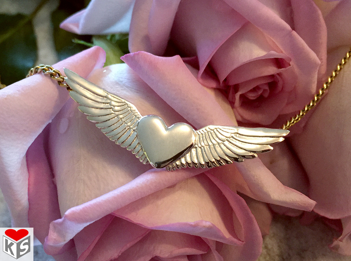 Heart With Wings Pendant 3d printed Product Photo of Polished Silver.
