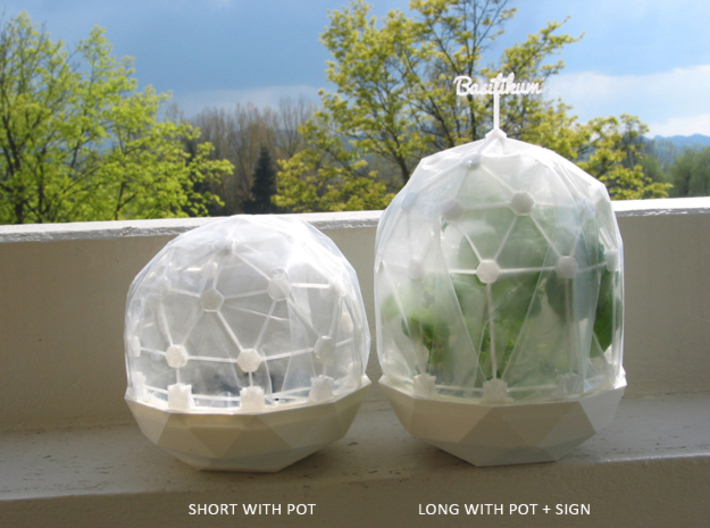 Flexible Mini Greenhouse-Dome Set with Pot (long) 3d printed Flexible Mini Greenhouse-Dome with Pot (Sets short and long + sign). Own 3D-prints with PLA.