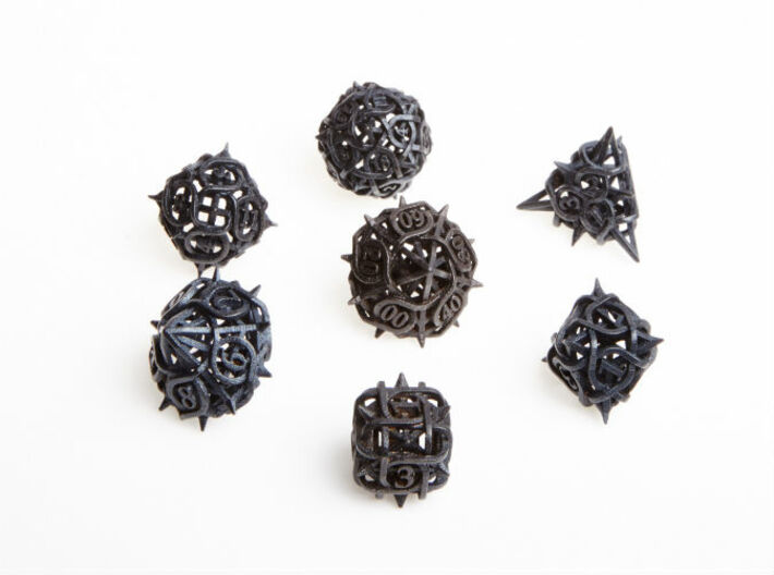 Thorn Dice Set with Decader 3d printed In matte black steel.