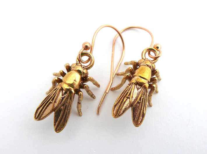 Drosophila Fruit Fly Earrings - Science Jewelry 3d printed Drosophila earrings in raw bronze

