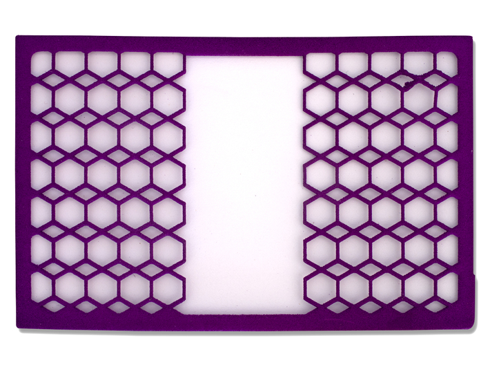 Tessellated Hexagon Wallet - 2 Cards 3d printed A photo of the wallet from above. Printed in purple strong and flexible plastic.