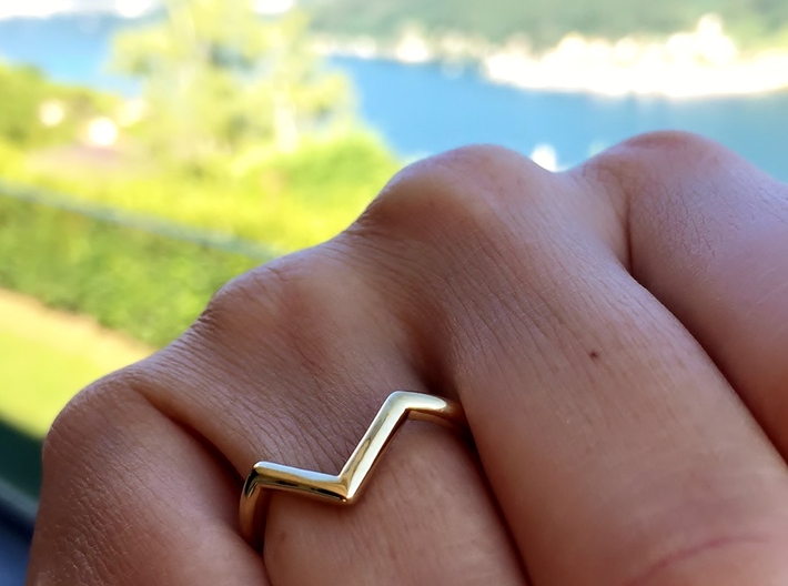 V Ring 3d printed Polished Brass "V" ring - Front View - Worn at the Lake