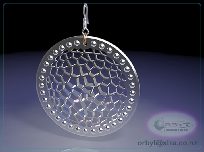 Voronoi Disk Earring ~ 33.5mm diameter 3d printed Raytraced render simulating polished silver material