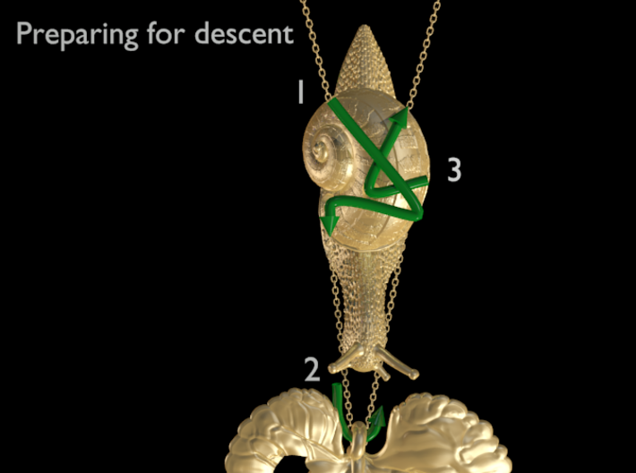 Descending Snail Pendant, part 1 3d printed You will need a simple cable chain of about 2 mm thickness. Thread chain through snail and leaf as shown (rendered image)