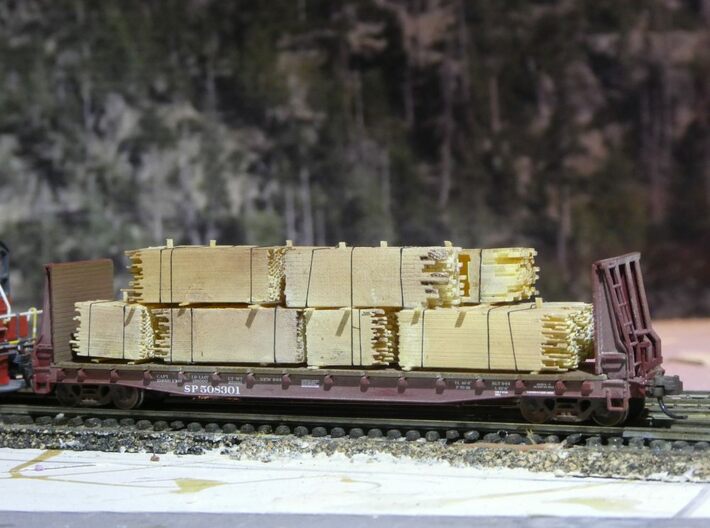 2x4 2x8 And 4x4 Lumber Load, N Scale, Flat Car 3d printed Finished model on flat car
