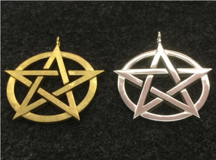 Pentagram Pendant 3d printed On the left is the pendant in natural brass, on the right is the pendant in polished silver. 
