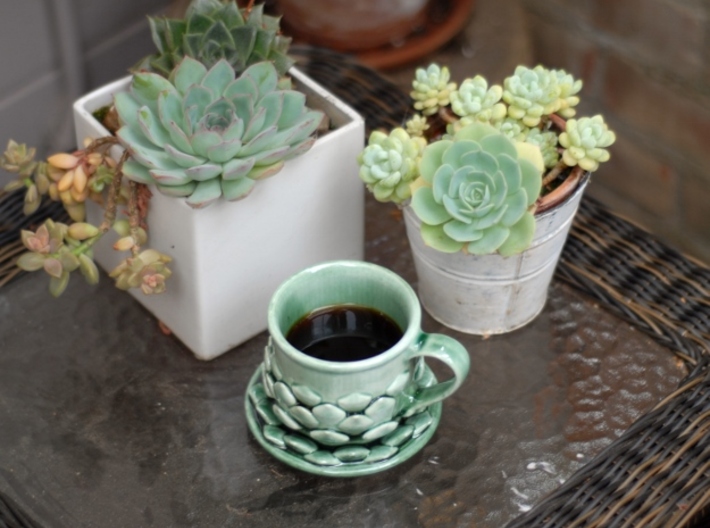 Succulent Mug 3d printed Gloss Oribe Green. Shown with matching saucer (sold separately)