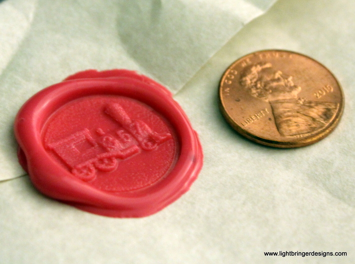 Locomotive Wax Seal 3d printed Locomotive impression in Plumeria Pink sealing wax with penny for scale