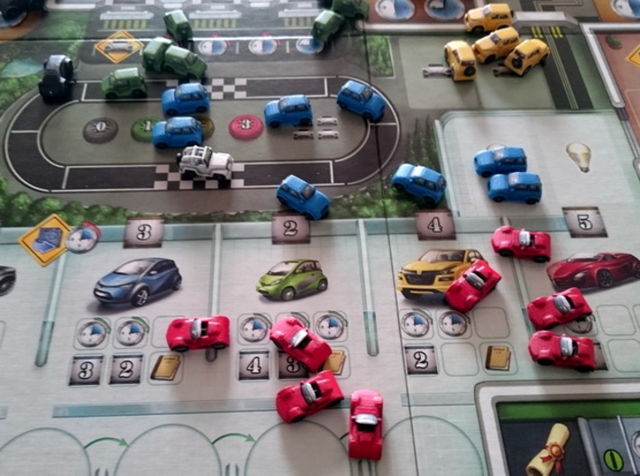 Miniature cars, 5 models x 8 (40pcs) 3d printed Hand-painted cars, in-situ. Game board copyright Stronghold Games.