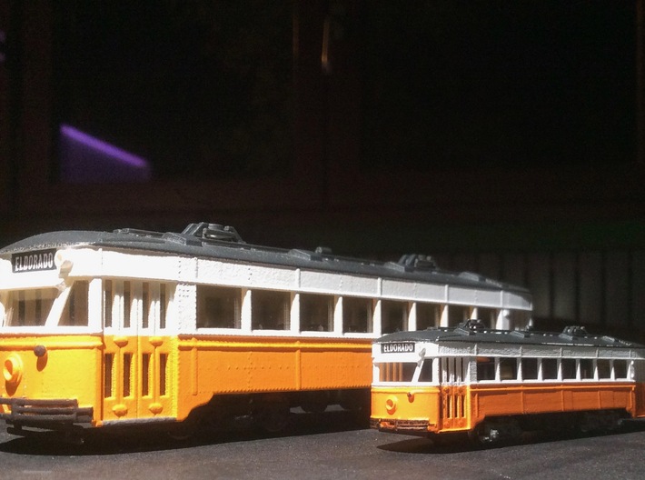 #160-1402 "Electromobile" Altoona type 3d printed N and HO scale model side by side