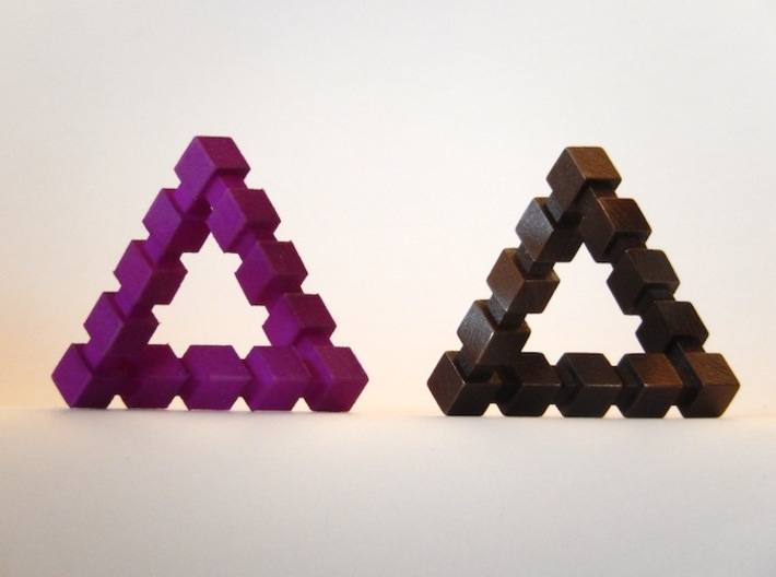Impossible Triangle, Cubed 3d printed Violet Purple Strong & Flexible, Antique Bronze Matte
